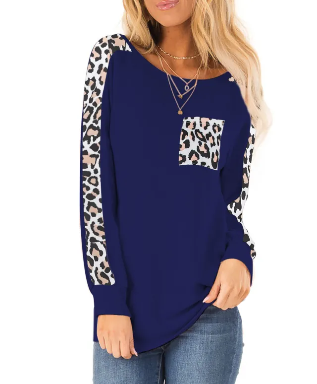 Long Sleeve Leopard Splicing Top Pocket Round Neck Pullover Blue - Shop at LoveMi