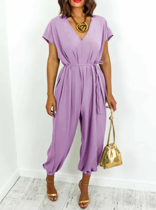 Women's V neck Lace up Waist Harem Pants Wide Leg Pants Violet - Shop at LoveMi