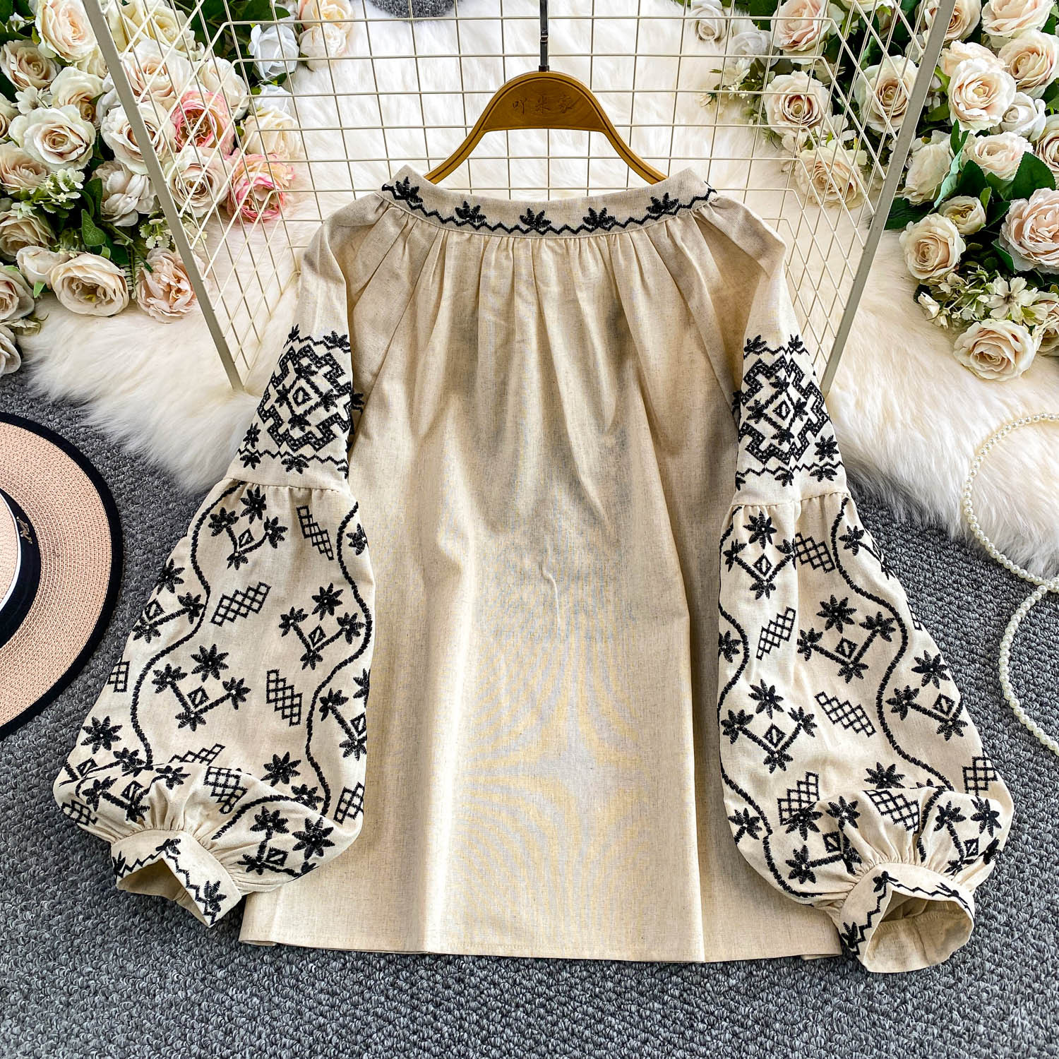 Retro Embroidered Puff Sleeve Shirt For Women 4