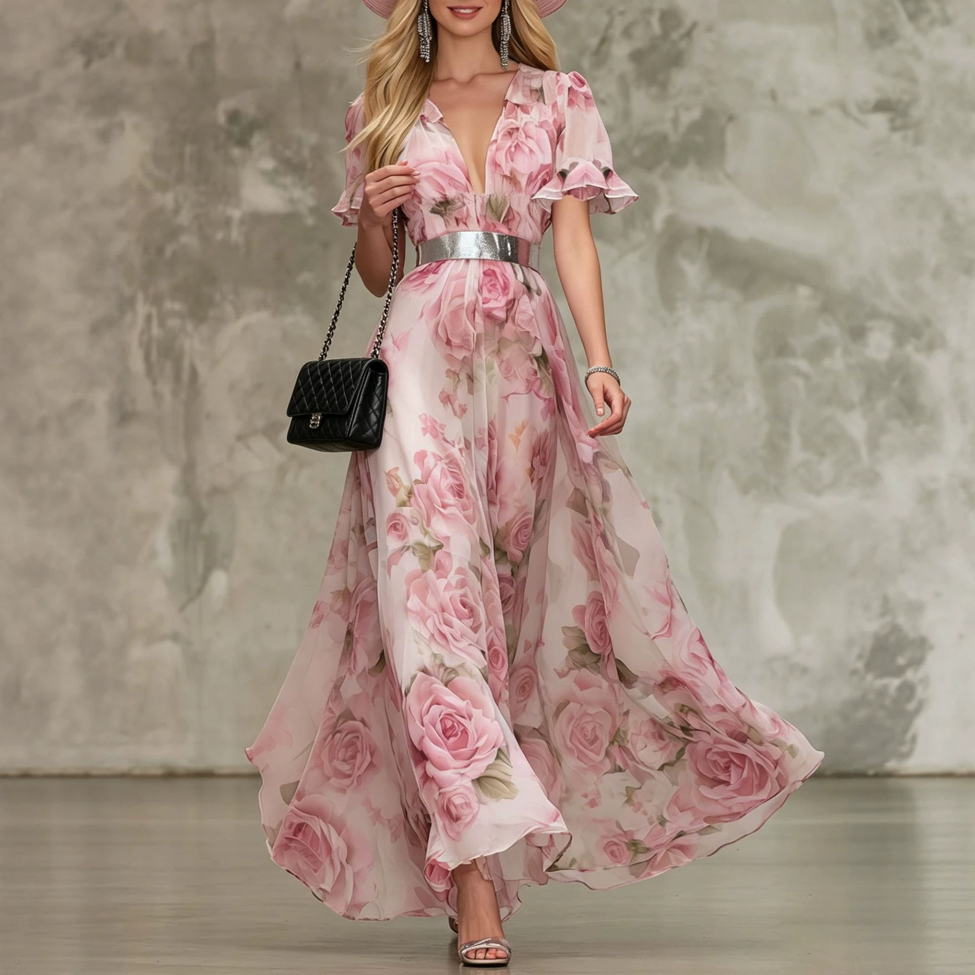 French-Style Romantic Rose-Print Chiffon Maxi Dress