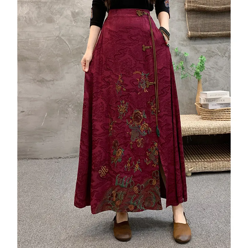 New Ethnic Dress Embroidery Tassel A- Line Skirt - Red