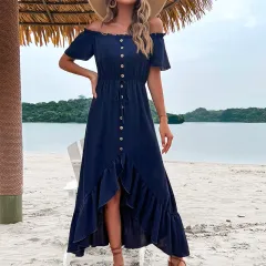 Fashion Women's Wear Off-shoulder Ruffle Sleeve Irregular Dress - Dark Blue - View 1