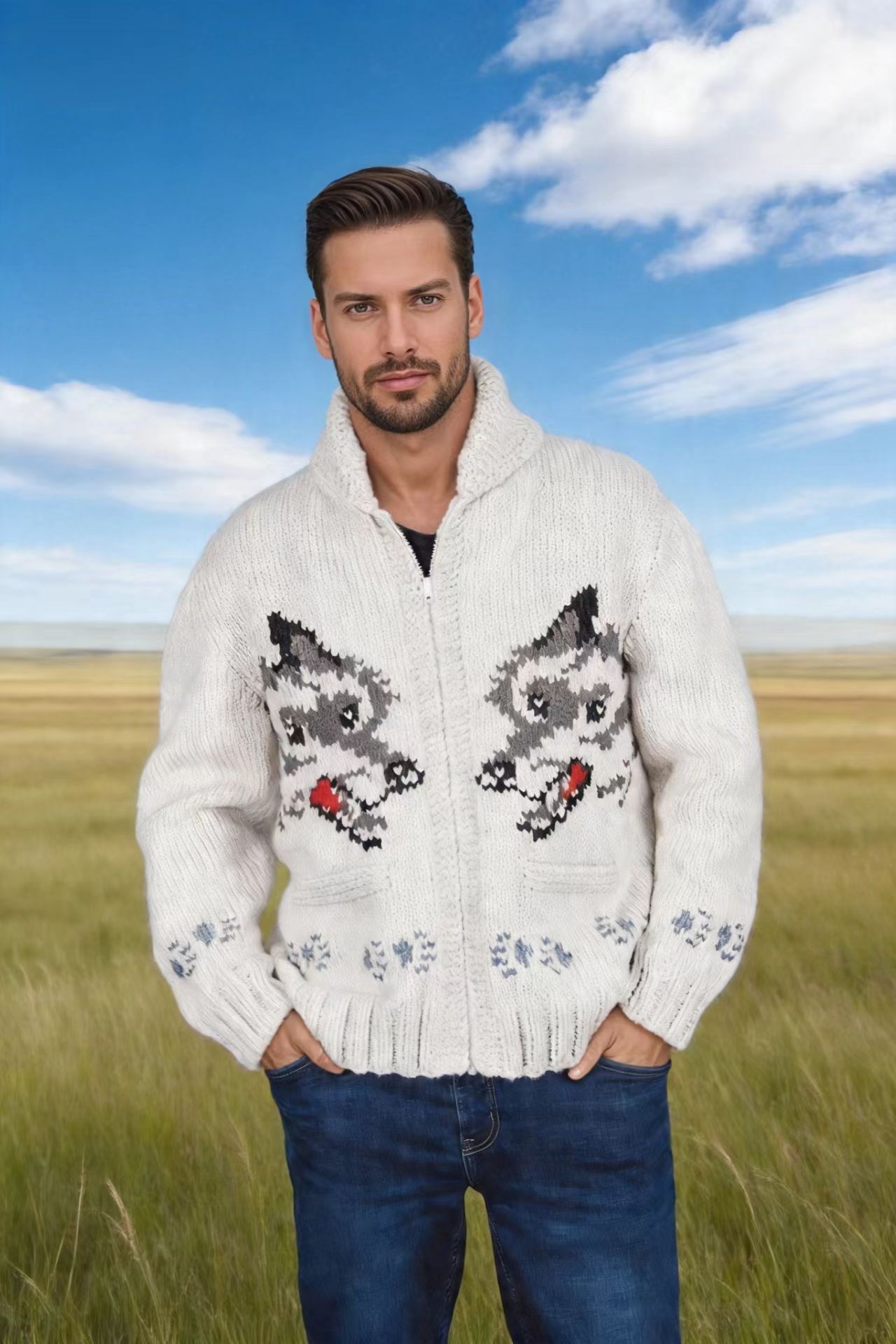 Fox-Pattern Jacquard Zip Cardigan