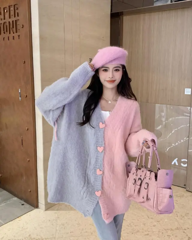 Contrast Color Weave Soft Glutinous Knitted Cardigan Coat For Women - Shop at LoveMi
