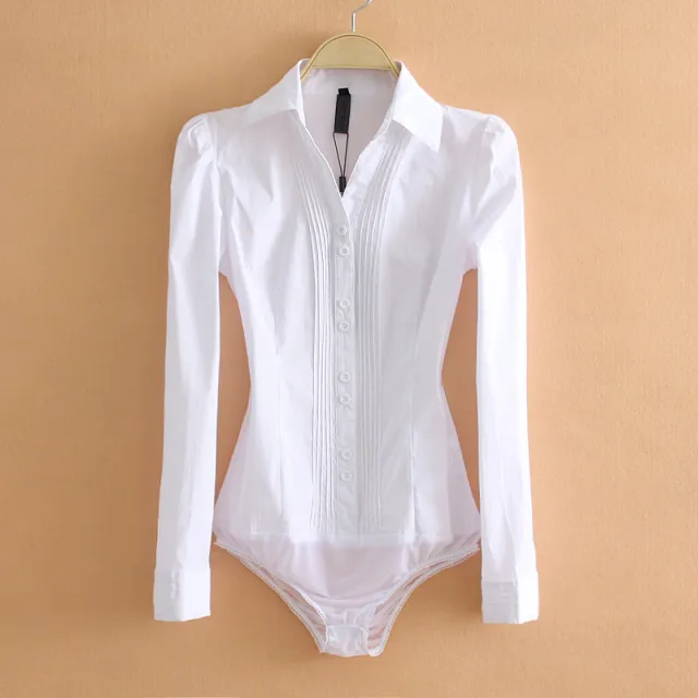 Women's Business Commute Professional One piece Cotton Shirt Long Sleeve White Siamese - Shop at LoveMi