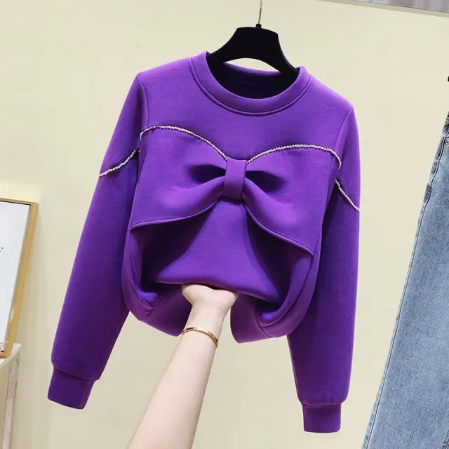 Fashionable All match Round Neck Diamond Bow Sweater Purple - Shop at LoveMi