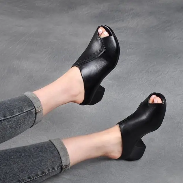 Square Heel Peep-toe Slippers Women's Outer Height Increasing Sandals Pumps