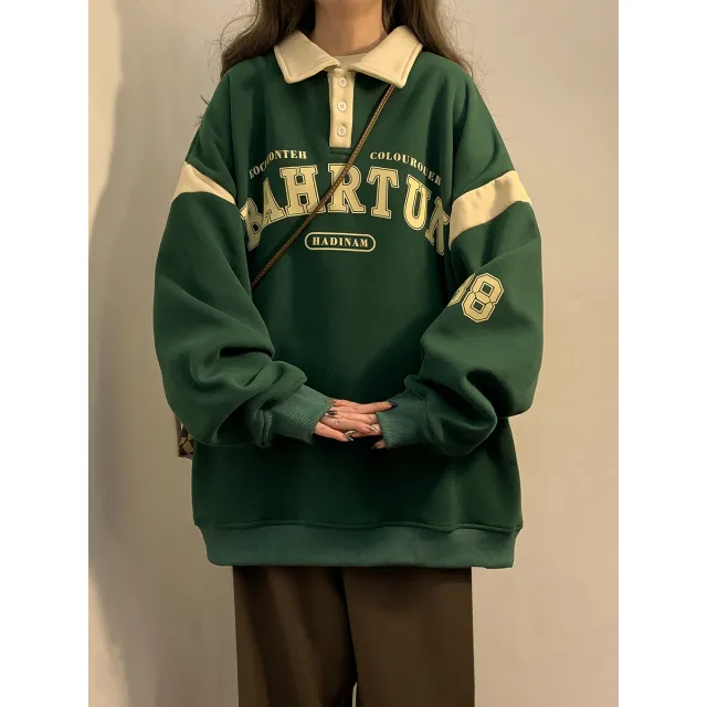 Fat American Retro Polo Collar Sweater Women's Autumn And Winter Velvet Padded Thickened Top Slimming Slim Fit Coat Plus Size Dark Green - Shop at LoveMi
