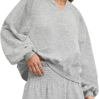 Women's Casual Lace Lantern Long Sleeve Solid Color Loose Top Gray - Shop at LoveMi