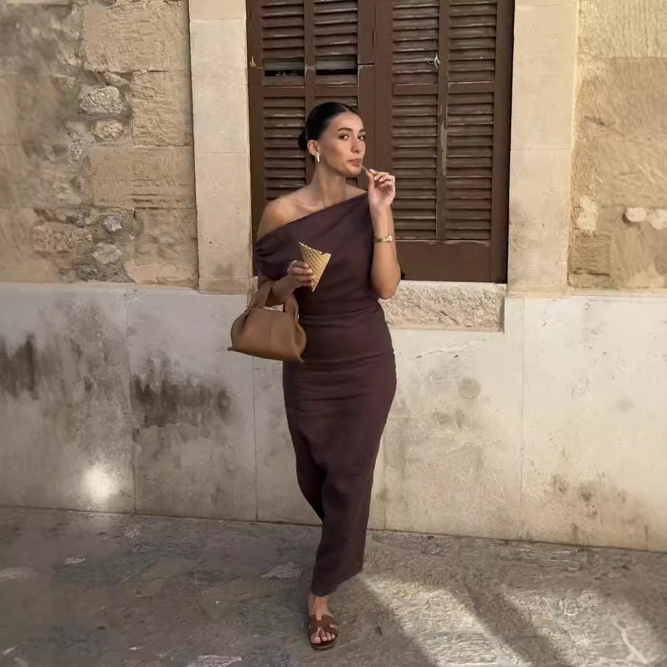 Off-shoulder Collar Off-shoulder Back Slit Draping Effect Slim Fit Long Dress