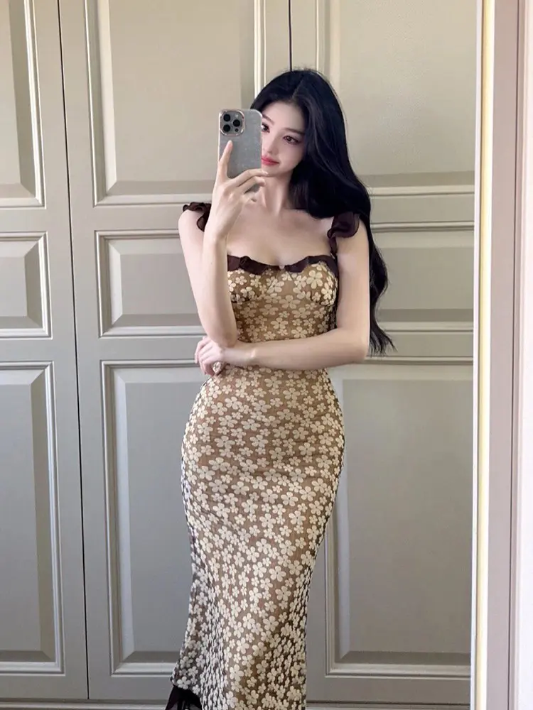 French Style Flying Sleeve Printed Sheath Spring And Summer Pure Design Long Dress