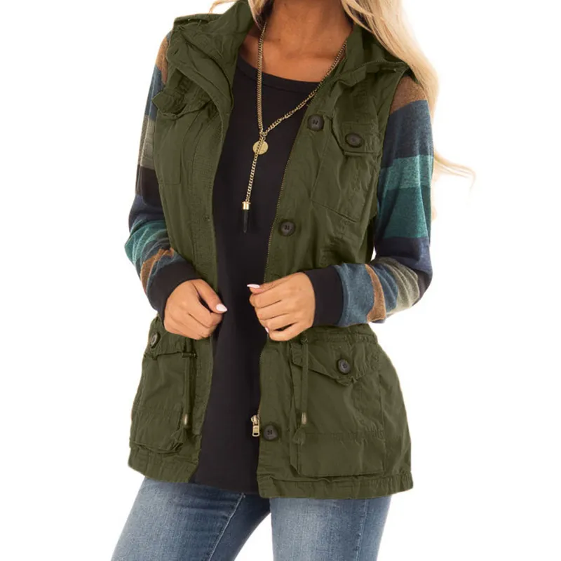 Solid Color Buttons Retro Drawstring Slim Fit Multi-pocket Women's Cardigan Vest - Army Green