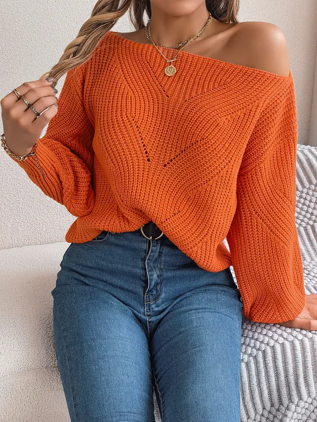 Casual Hollow out Off neck Off the shoulder Lantern Sleeve Sweater Orange - Shop at LoveMi