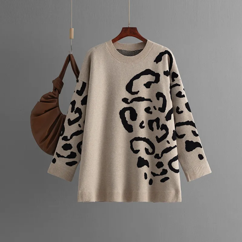 Knitted Brocade Sweater Women's Round Neck Pullover Leopard Print - Khaki