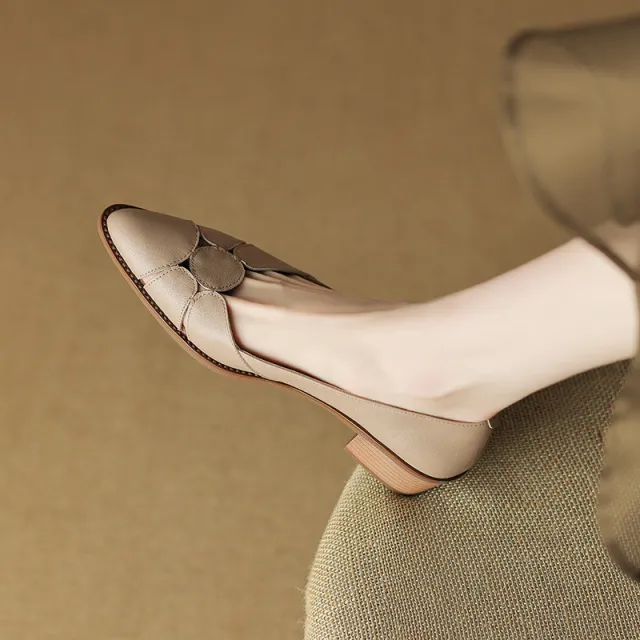 First Layer Cowhide Low cut Chunky Heel Shoes Apricot - Shop at LoveMi