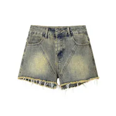 Fashion Retro Tassel Denim Shorts For Women - Mud Yellow - View 1
