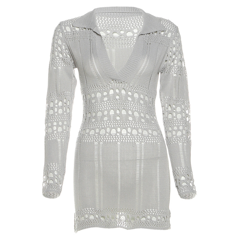 New Stylish Trendy Knit Hollow out Ripped Sexy V neck Bodycon Dress Gray Grey - Shop at LoveMi