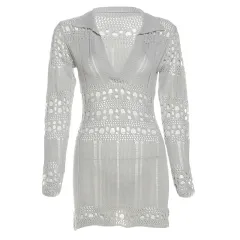 New Stylish Trendy Knit Hollow-out Ripped Sexy V-neck Bodycon Dress - Grey - View 1
