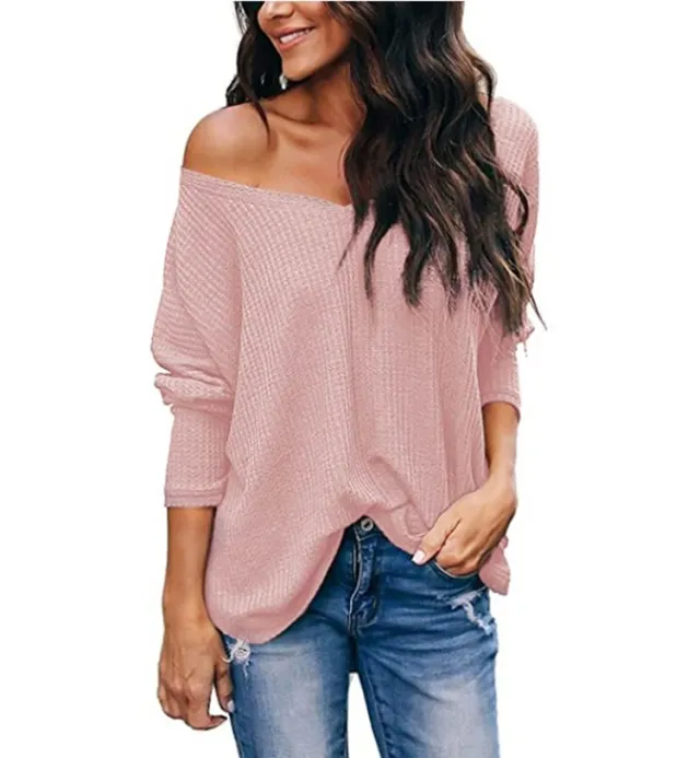 Women's Autumn Loose fitting Lightweight Thin Large V neck Plus Size Long sleeved Sweater Pink - Shop at LoveMi