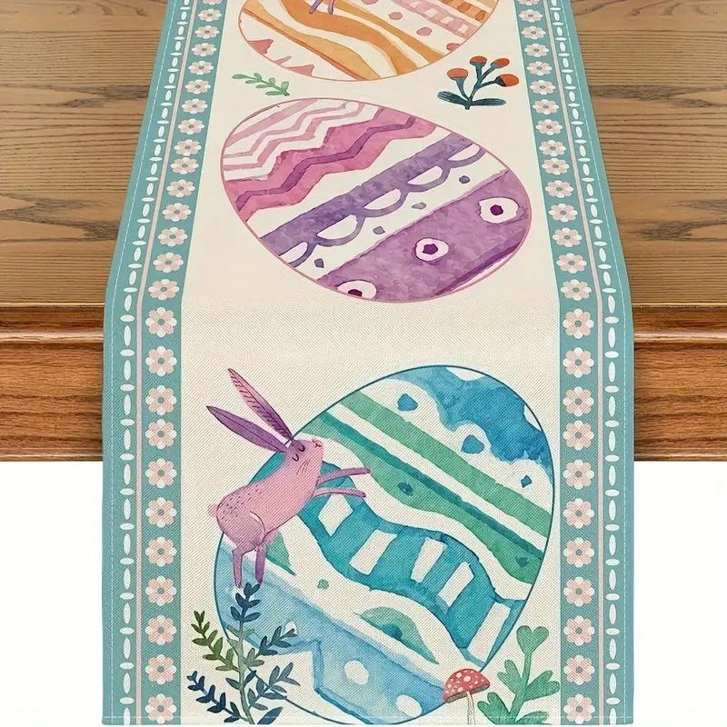 Easter Table Runner Rabbit Egg Decoration Linen Printing Table Cloth - Picture 16 of 32