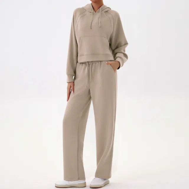 Casual Sweatshirt Sports Outfit Top Wide Leg Pants Two piece Set Light Khaki - Shop at LoveMi