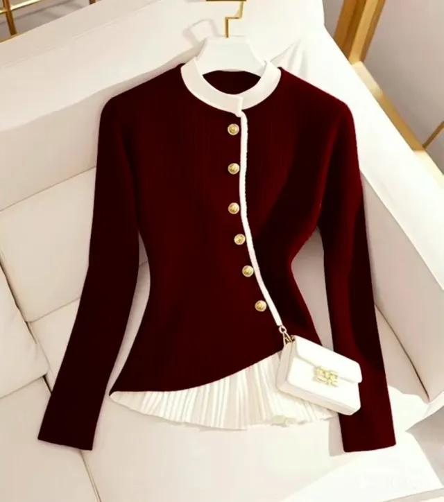 Design Sense Wine Red Fake Two piece Knitted Sweaters Wine Red - Shop at LoveMi