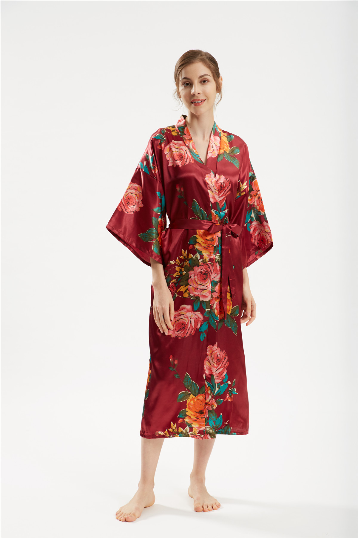 Title 13, Satin handbemalter Pfingstrose langer Kimono Yu...