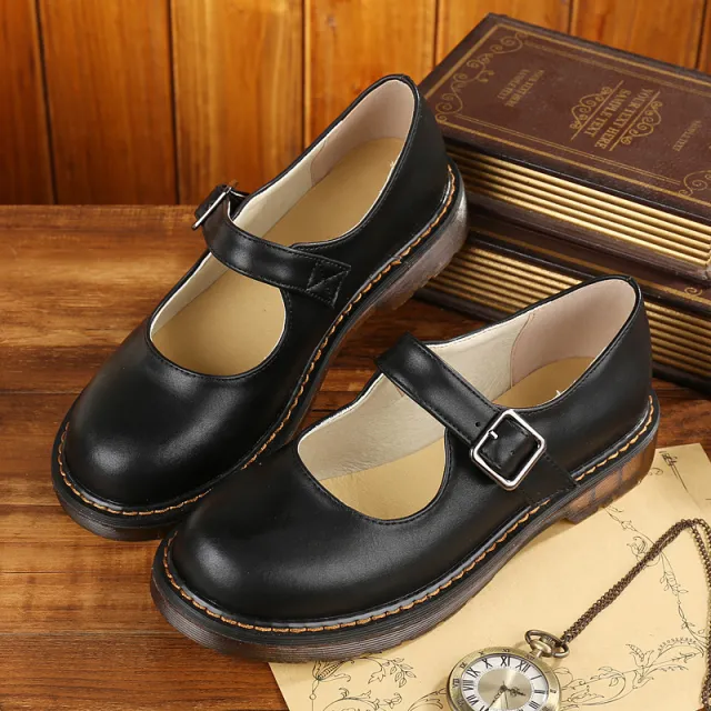 Artistic Retro Low Cut Round Head Preppy Style Doll Leather Shoes Black - Shop at LoveMi