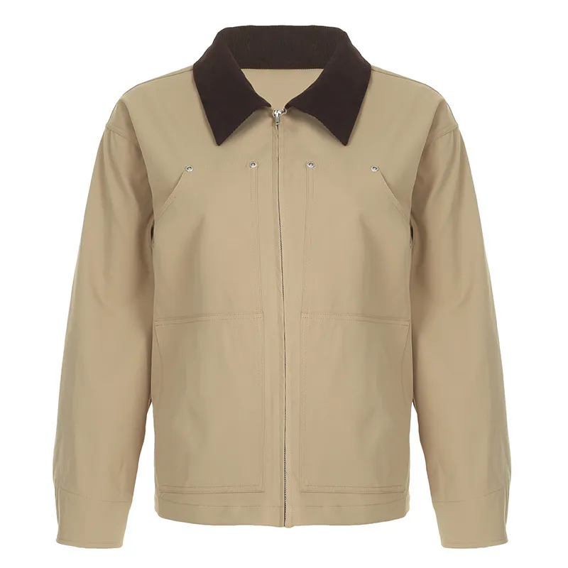 Winter New Loose Casual Tatting Cardigan Jacket - Khaki