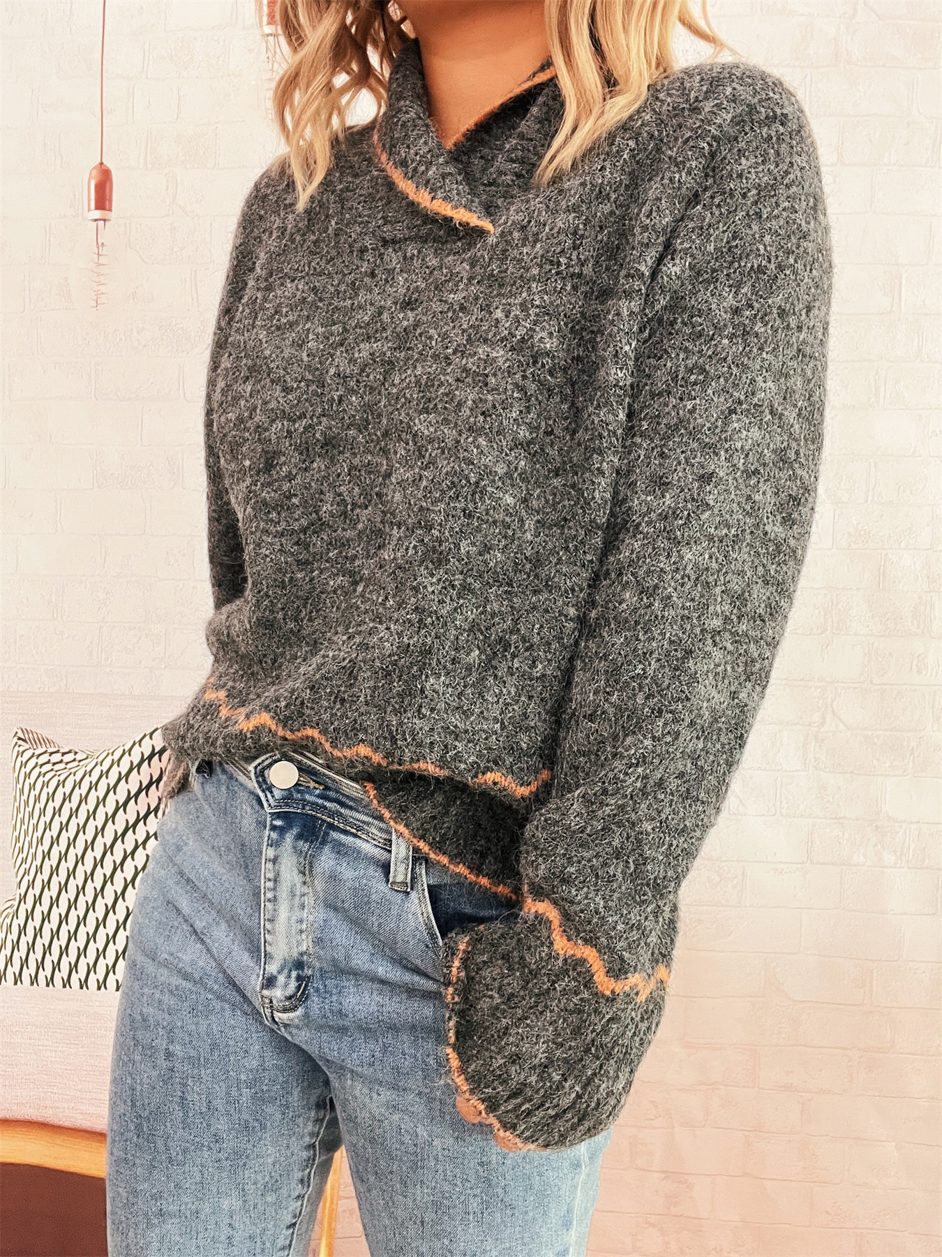 Simple Commute Half Turtleneck Lapel Contrast Color Knitted Pullover Sweater