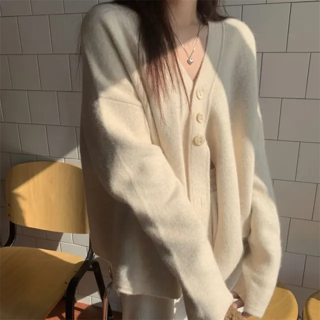 Women's Irregular Milk Blue Design Loose Sweater Apricot - Shop at LoveMi
