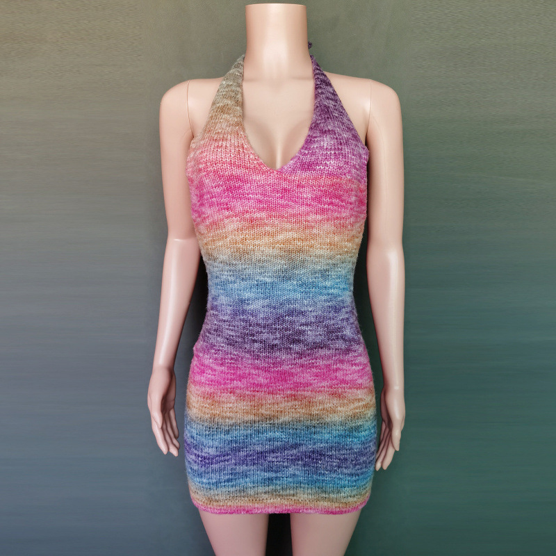 Popular Sexy Rainbow Knitted Dress Women