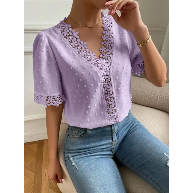 Floral Lace Short Sleeve Shirt Summer Fashion V Neck Tops Women's Clothing Light Purple - Shop at LoveMi