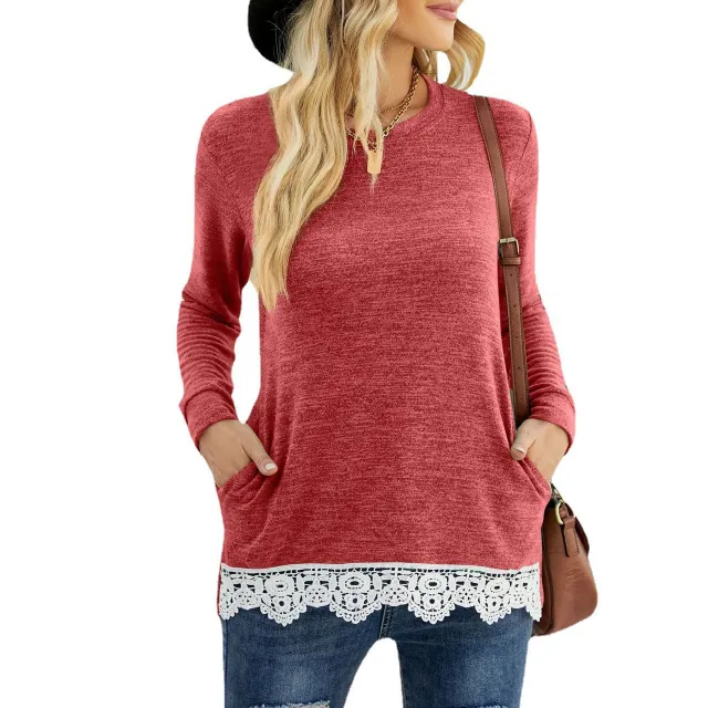 Round Neck Loose Leisure Pullover Pocket T shirt Lace Stitching Coat Red - Shop at LoveMi