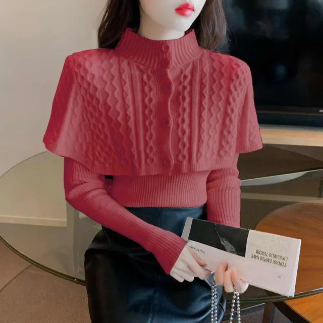 Women's Half Turtleneck Western Style Cable knit Sweater Top Red - Shop at LoveMi