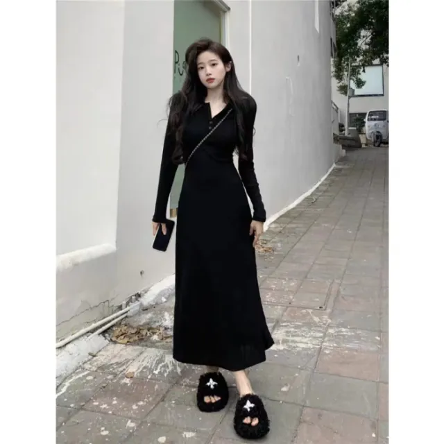 Pure Desire Dark Gray Long sleeve Knitted Dress Black - Shop at LoveMi