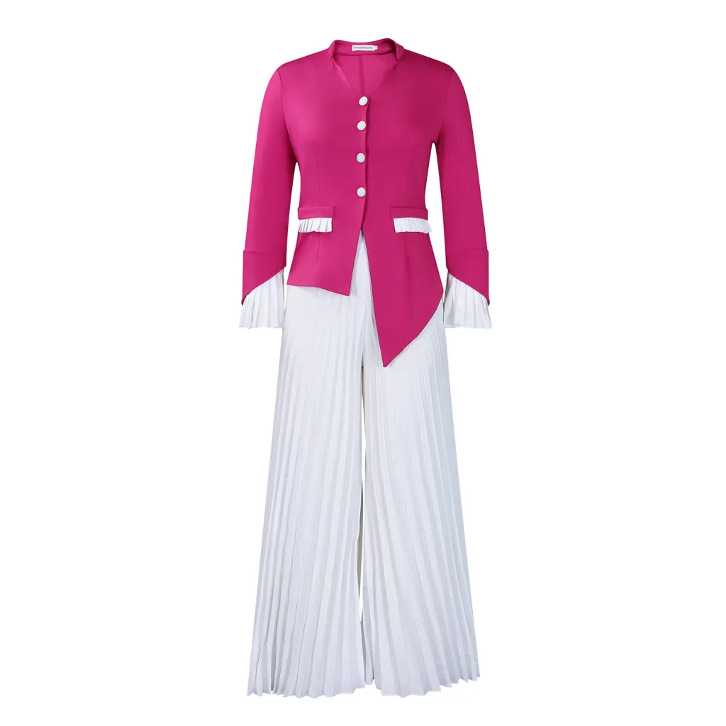 Fashion Flared Sleeves Top Pleated Wide-leg Pants Suit Two-piece Set - Rose Red