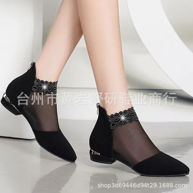 Rhinestone Sandals For Women Spring And Summer New Rhinestone Net Boots Hollow out Flat Heel Flat Chunky Heel Frosted Closed Toe Sandal Boots Black - Shop at LoveMi