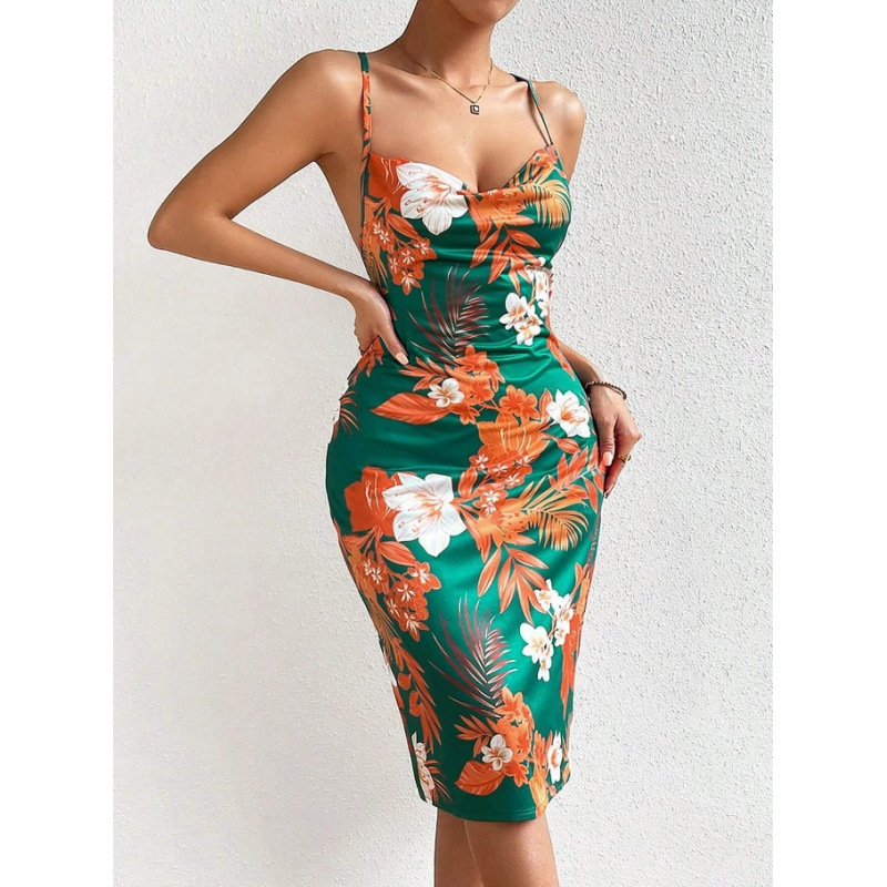 Women's Side Slit Printed Mid-length Sling Dress