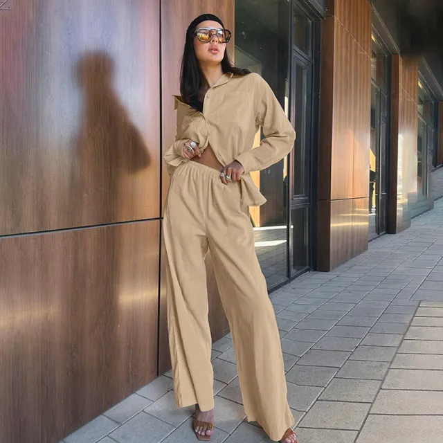 Cross border Casual Khaki Cotton linen Set Autumn Foreign Trade Shirt Wide leg Pants Two piece Street Style Women's Clothing Khaki - Shop at LoveMi