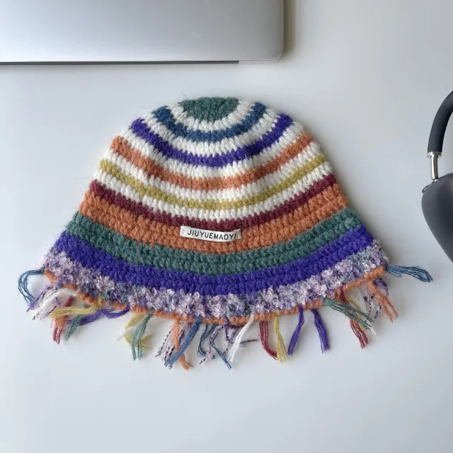 Vintage Handmade Crochet Tassel Bucket Hat Colorful Stripes Woolen Cap Bucket Hat Orange - Shop at LoveMi