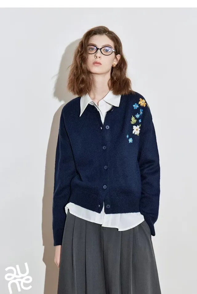 New Retro Flower Embroidered Cardigan Sweater Casual Coat For Women Navy Blue - Shop at LoveMi
