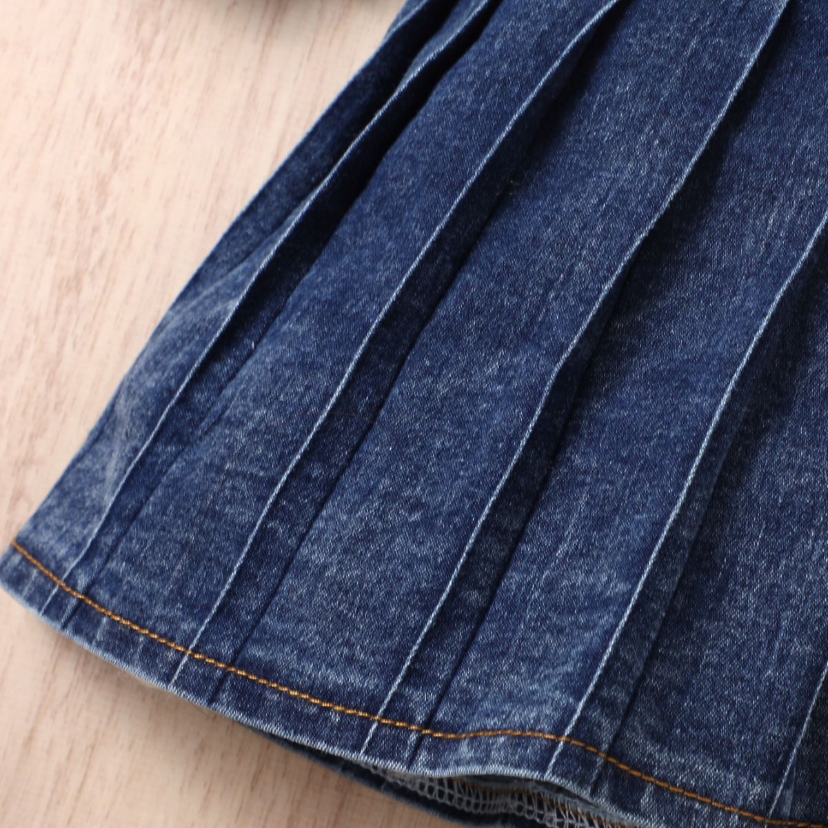 Girls' Pleated Denim Long-sleeved Single-breasted Cardigan Dress With Bow Belt Two-piece Set - Image 2