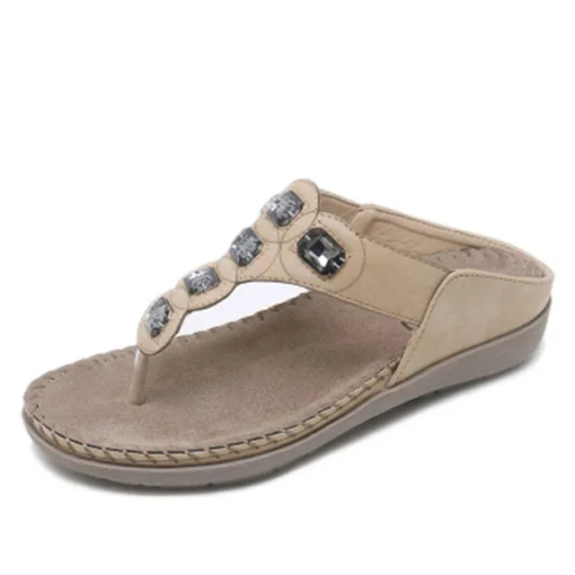 Women's Sandals Bohemian Rhinestone Large Size Flats Apricot - Shop at LoveMi
