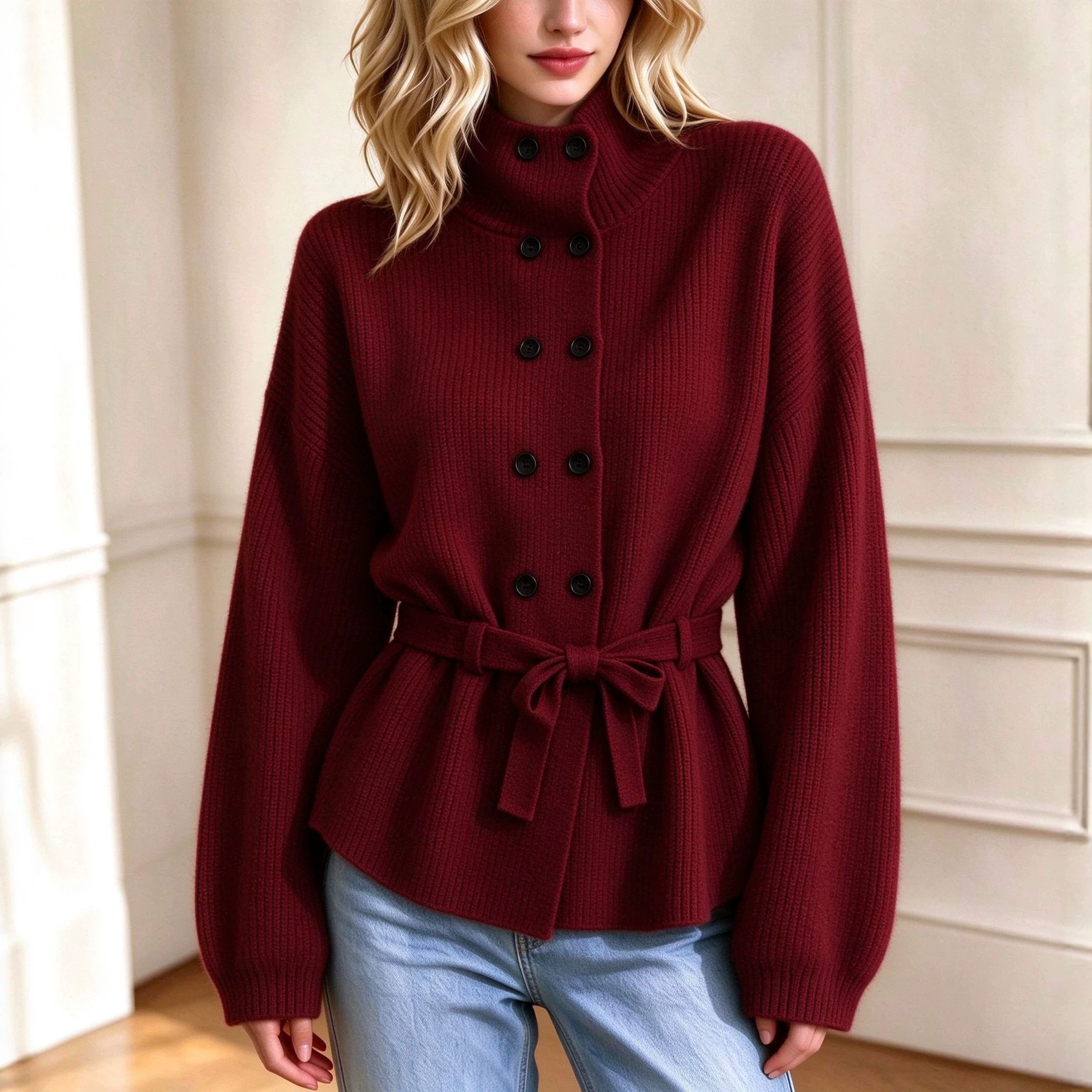 New FallWinter Long-Sleeve Double-Breasted Sweater Womens Coat