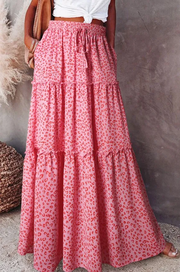 Bohemian Style Loose Casual High Waist Long Skirt Pink - Shop at LoveMi