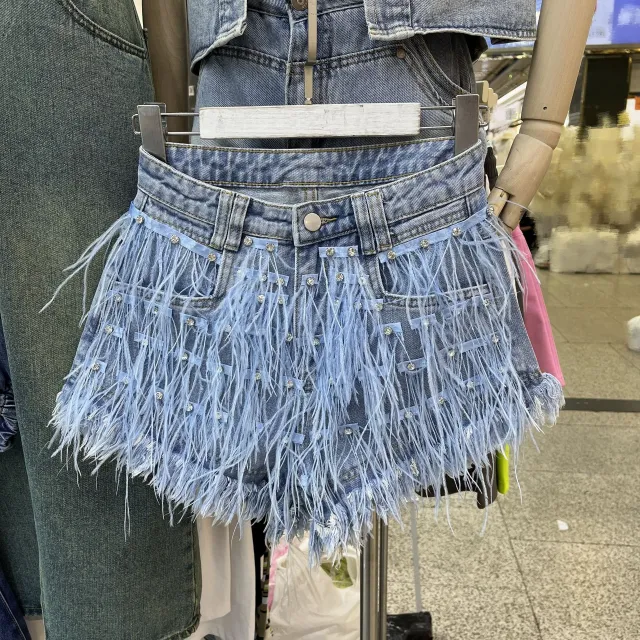 Heavy Industry Rhinestone Ostrich Feather Tassel Denim Shorts Blue - Shop at LoveMi