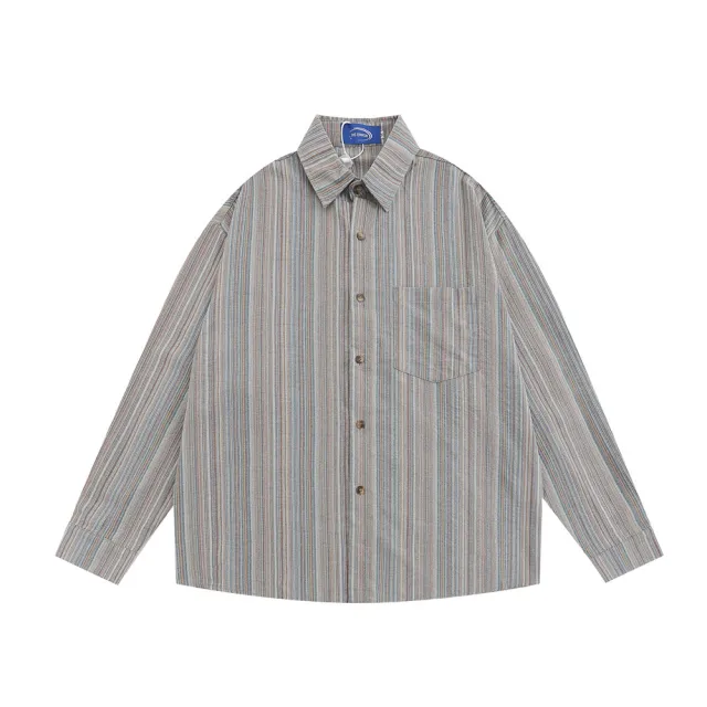 Vertical Striped Long Sleeve Shirt Loose Casual Trendy American Cardigan Top Grey - Shop at LoveMi