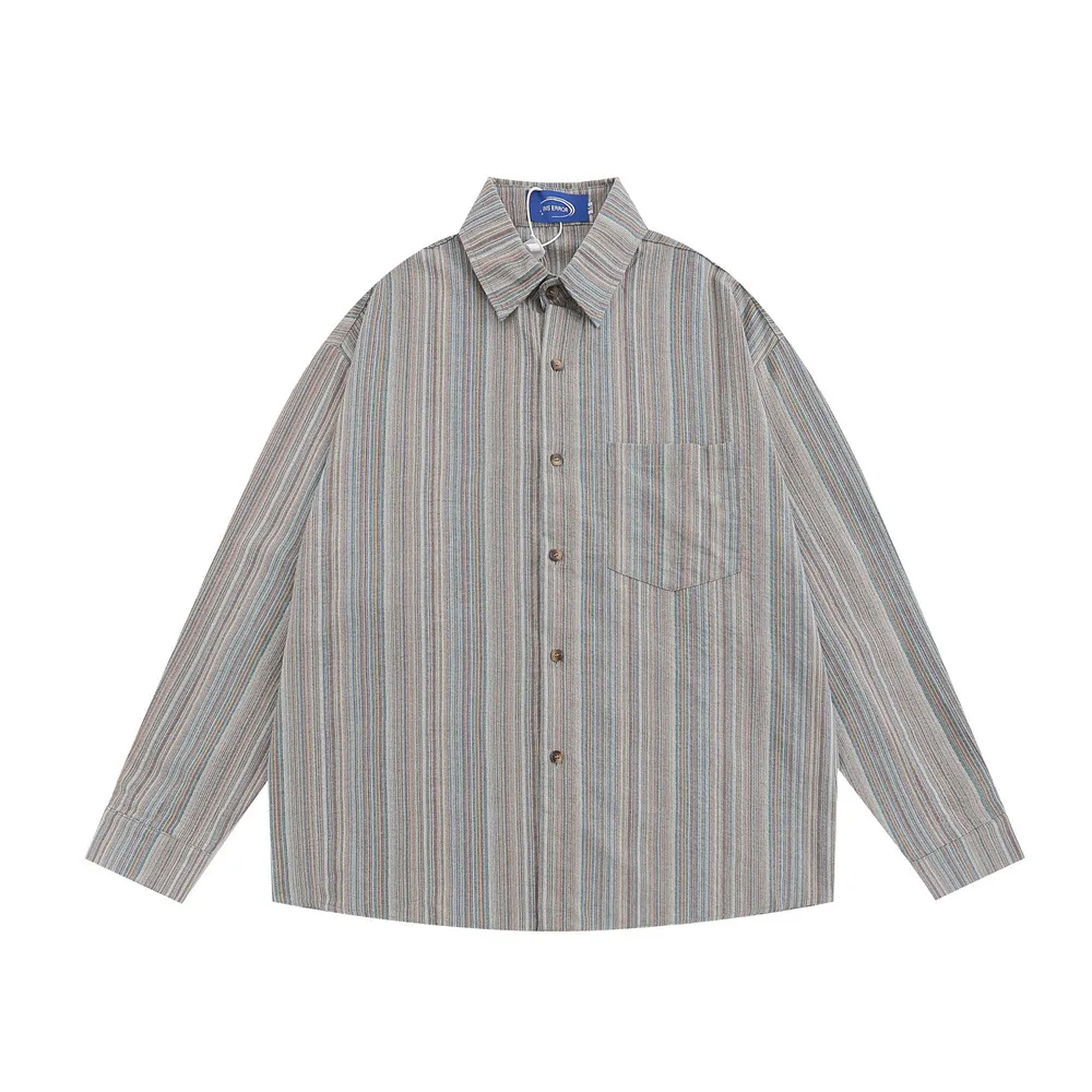 Vertical Striped Long Sleeve Shirt Loose Casual Trendy American Cardigan Top - Grey