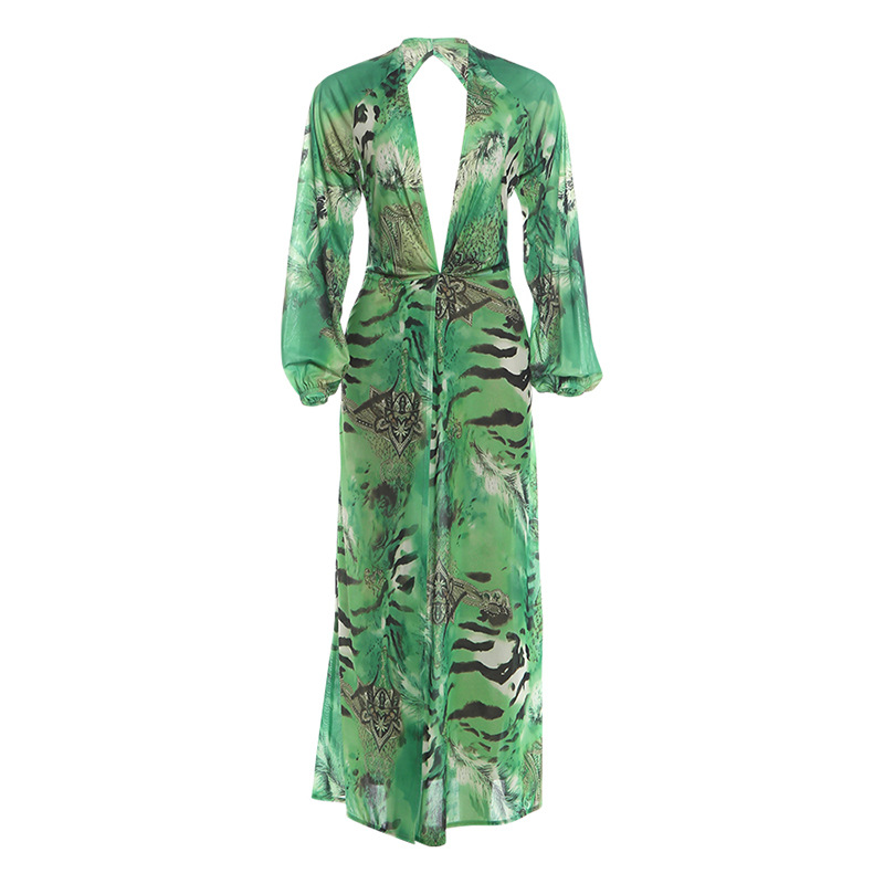 Womens Sexy Backless Deep-V Slit Long-sleeve Dress — photo 1